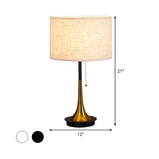 Modern Metal Drum Table Lamp: 1-Head Black/Grey Nightstand Lighting With Pull Chain