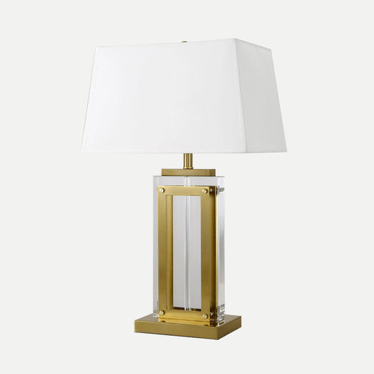 Modernist Rectangular Fabric Task Light Gold Nightstand Lamp With Clear Crystal And 1 Bulb