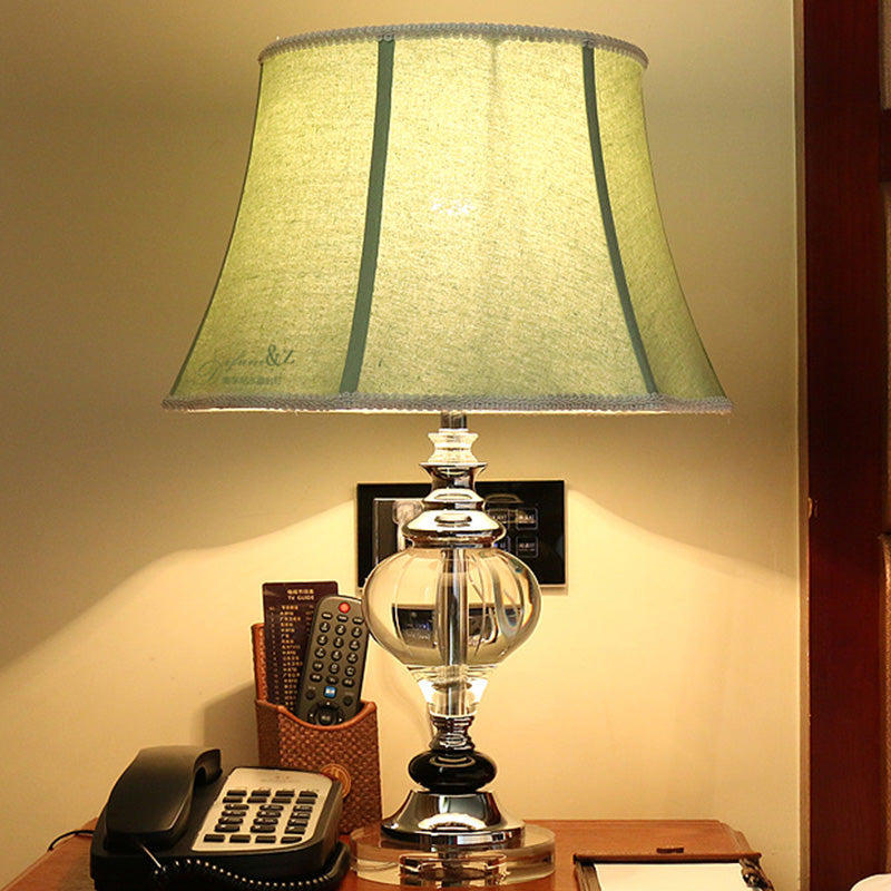 Grey Modern Flare Table Lamp For Living Room- Fabric Wide Base Small Desk Light