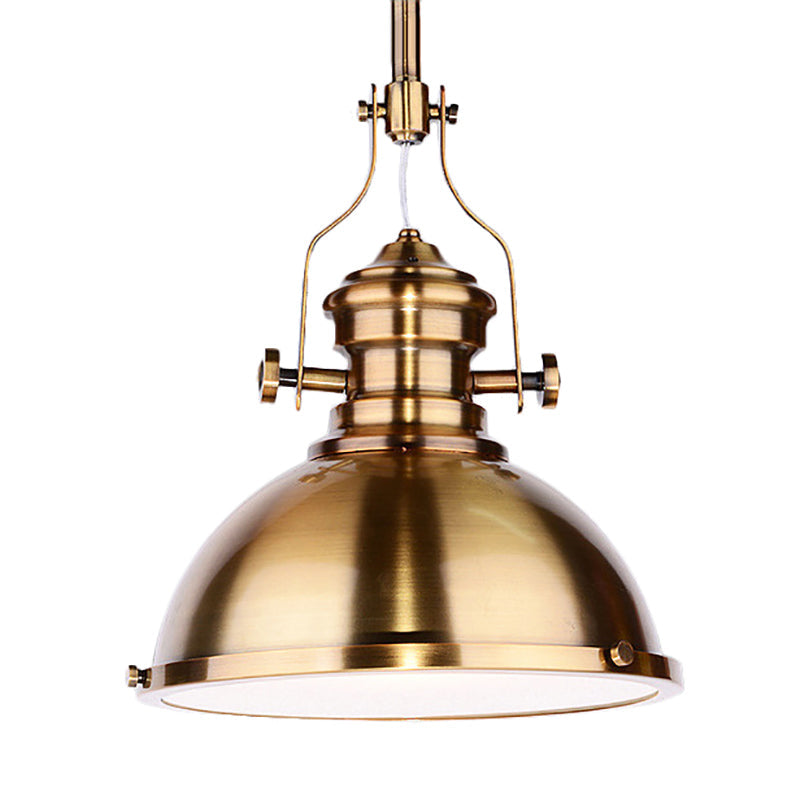 Antique Brass Pendant Light With Frosted Diffuser - Vintage Style Metal Dome Shade 1-Light Hanging