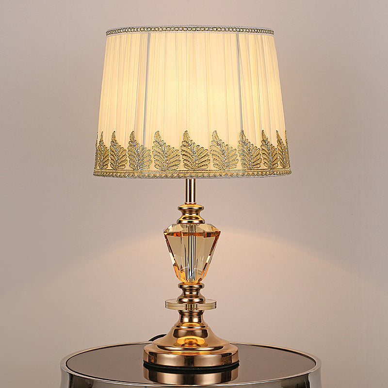 Modern Beige Barrel Bedside Lamp With Fabric Shade - 1 Bulb Task Lighting