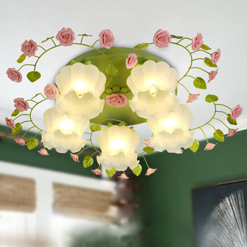 Romantic Green Floral Ceiling Light Fixture With 1/3/5 Metal Heads For Living Room Flush Mount 5 /