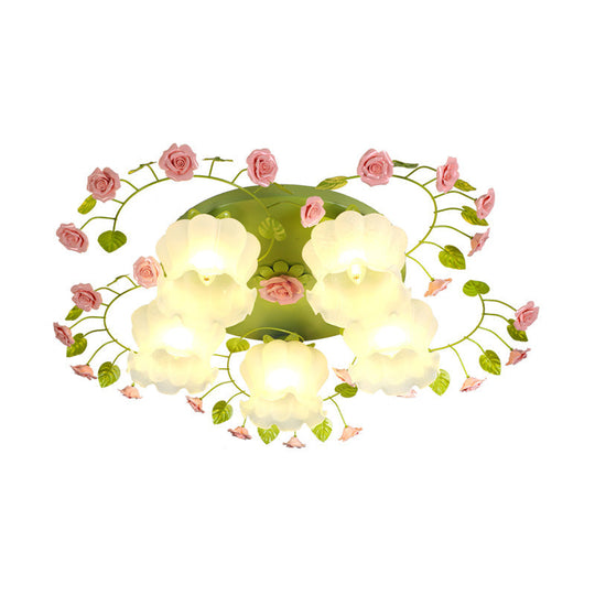 Romantic Green Floral Ceiling Light Fixture With 1/3/5 Metal Heads For Living Room Flush Mount