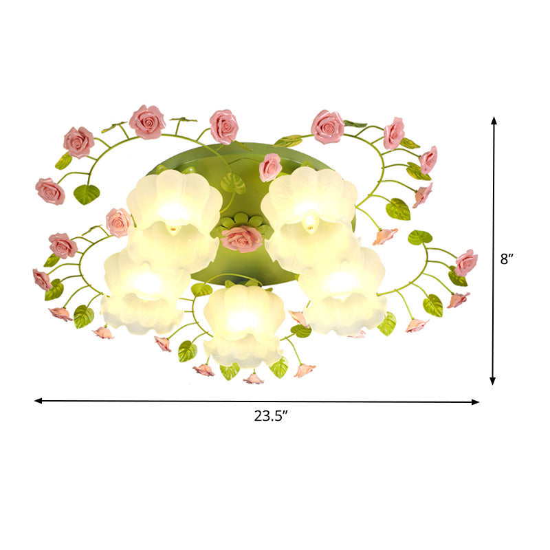 Romantic Green Floral Ceiling Light Fixture With 1/3/5 Metal Heads For Living Room Flush Mount