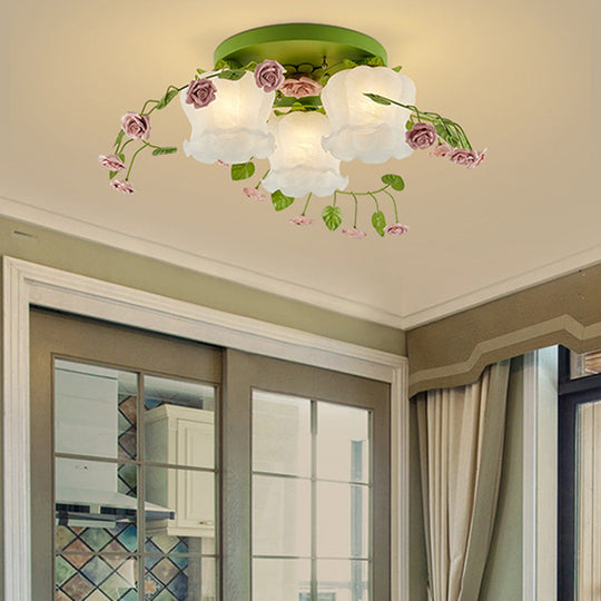 Romantic Green Floral Ceiling Light Fixture With 1/3/5 Metal Heads For Living Room Flush Mount 3 /