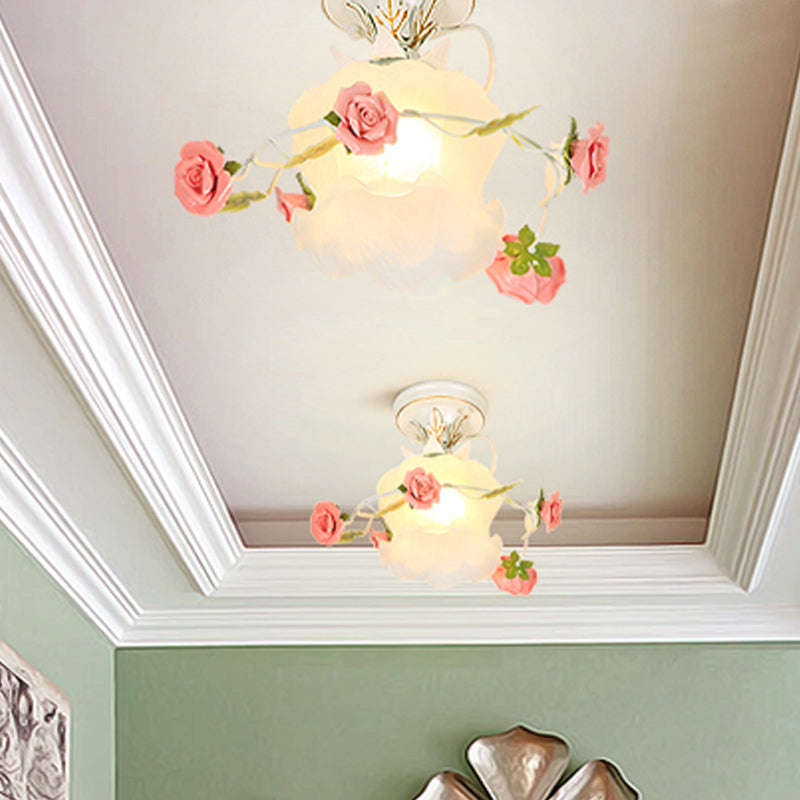 Countryside Bloom 1-Light Metal Ceiling Flush Mount In White For Foyer