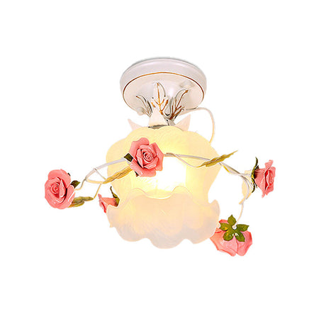 Countryside Bloom 1-Light Metal Ceiling Flush Mount In White For Foyer