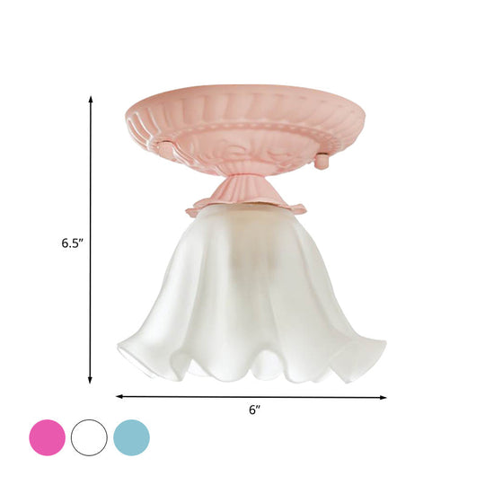 Country Scalloped Metal Ceiling Light - 1 Bulb Flush Mount In White/Pink/Blue