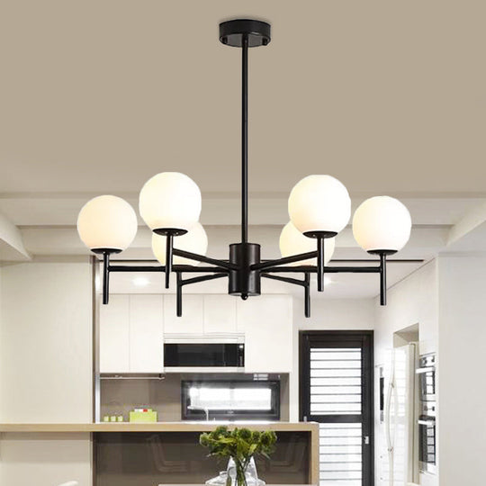 Contemporary Black/Gold Globe Chandelier with Radial Design - 6/8/9 Lights, Milk Glass Hanging Lamp