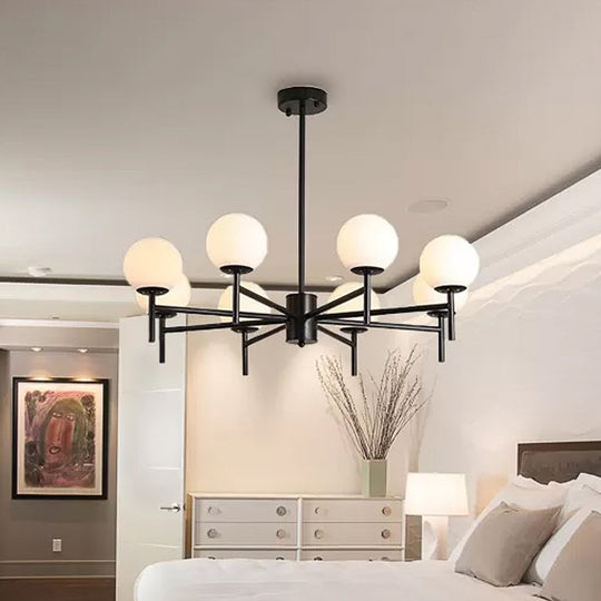 Contemporary Black/Gold Globe Chandelier with Radial Design - 6/8/9 Lights, Milk Glass Hanging Lamp