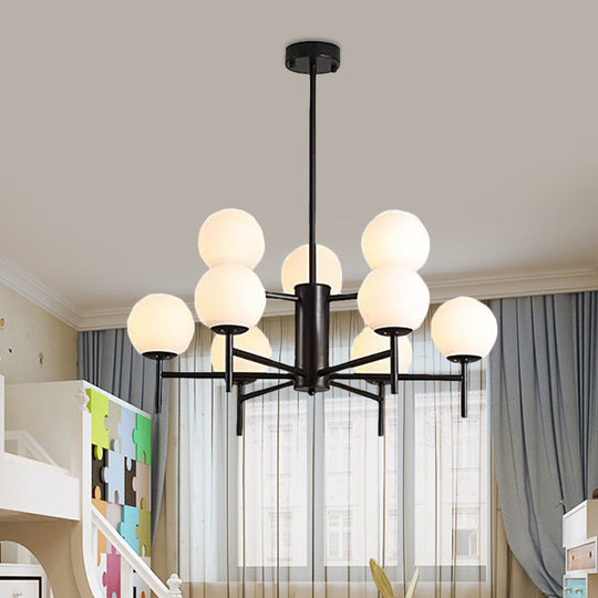 Contemporary Black/Gold Globe Chandelier with Radial Design - 6/8/9 Lights, Milk Glass Hanging Lamp