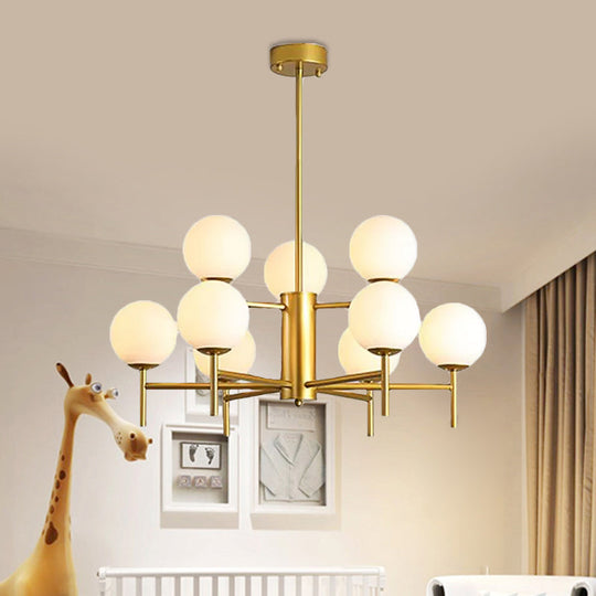 Contemporary Black/Gold Globe Chandelier with Radial Design - 6/8/9 Lights, Milk Glass Hanging Lamp