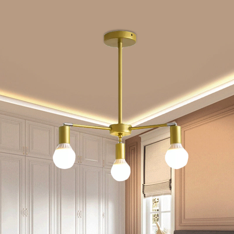 Gold Radial Metal Chandelier With Hanging Lights For Bedroom - Modern Design Bare Bulb