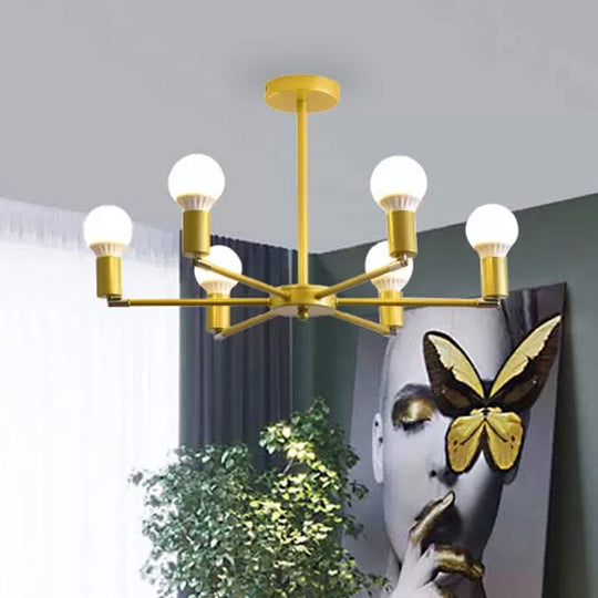 Gold Radial Metal Chandelier With Hanging Lights For Bedroom - Modern Design Bare Bulb