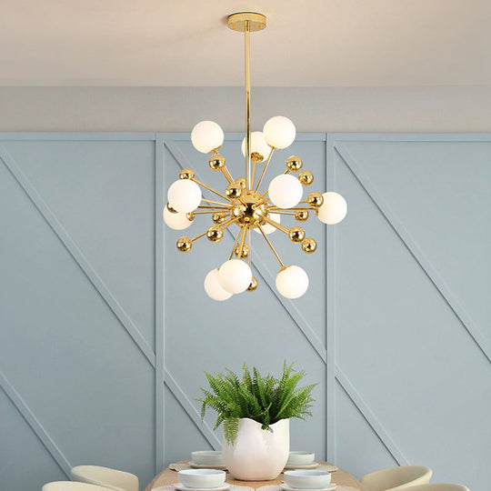 Gold Starburst Metal Chandelier Pendant Lamp With Multi Lights And White Glass Ball Shade -