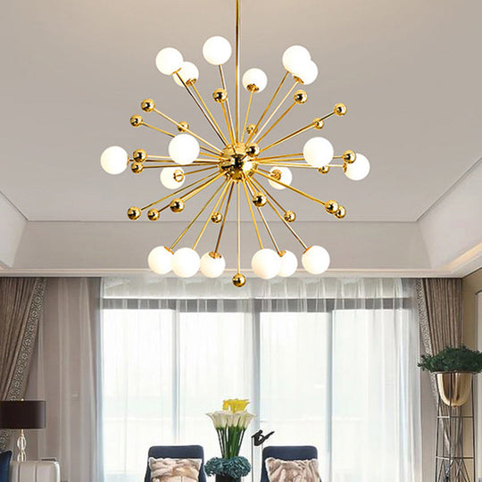Gold Starburst Chandelier With White Glass Ball Shades - Designer Multi-Light Pendant Lamp Various