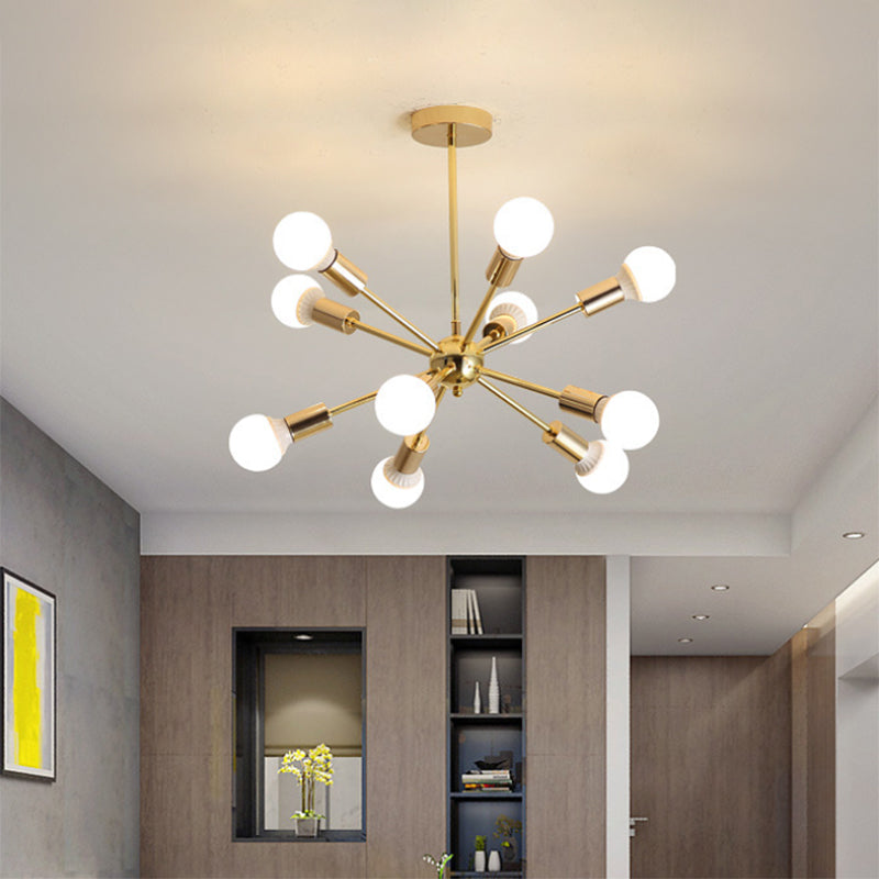 Modern Metal Starburst Chandelier Light - 6/10/12 Lights 26/38.5 Wide Gold Finish Bare Bulb Hanging
