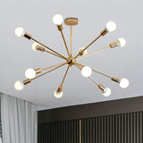 Modern Metal Starburst Chandelier Light - 6/10/12 Lights 26/38.5 Wide Gold Finish Bare Bulb Hanging