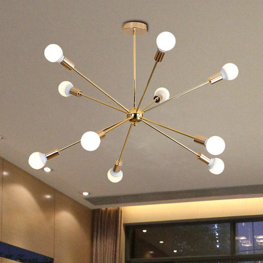 Modern Metal Starburst Chandelier Light - 6/10/12 Lights 26/38.5 Wide Gold Finish Bare Bulb Hanging