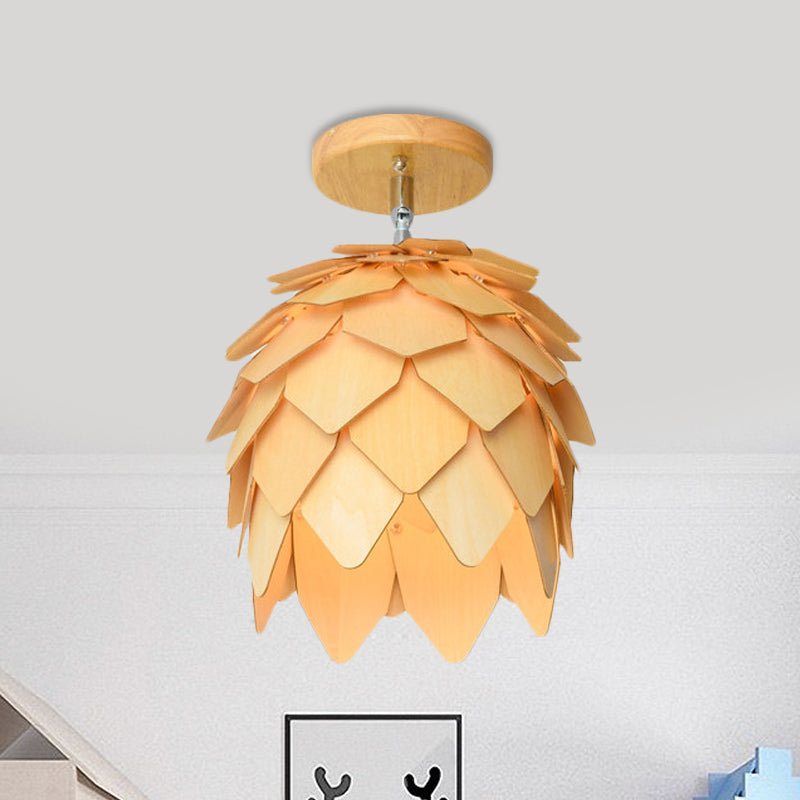 Modern Wooden Square/Trumpet/Pineapple Semi-Flush Ceiling Light - 1 Indoor Mount Wood / Pineapple