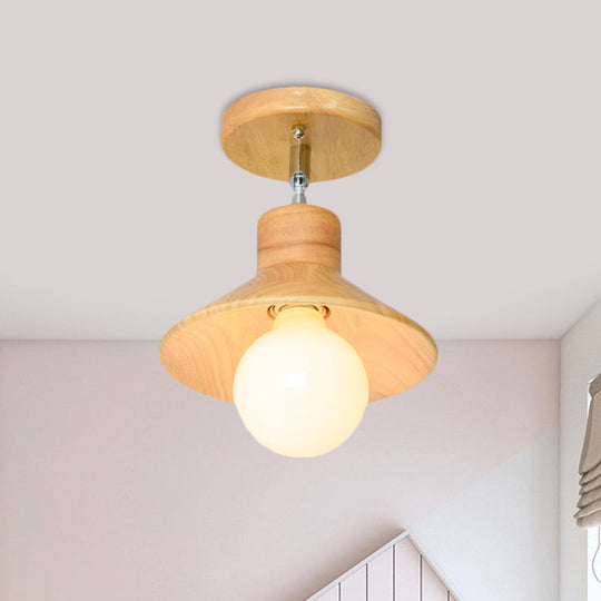 Modern Wooden Square/Trumpet/Pineapple Semi - Flush Ceiling Light - 1 Indoor Mount Wood / Trumpet
