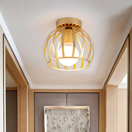 Minimalist Black/Gold Metal Cage Flushmount Light For Corridor Ceiling Mounted