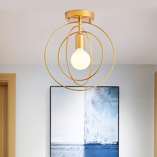 Modern Golden Flush Mount Ceiling Light With Triple Metal Ring - Ideal For Bedroom
