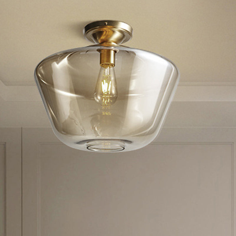 Contemporary Brass Flush Ceiling Fixture With Amber Glass Lampshade / Drum