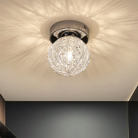 Minimalist Metal And Handwoven Globe Flush Mount Ceiling Lamp With White Shade
