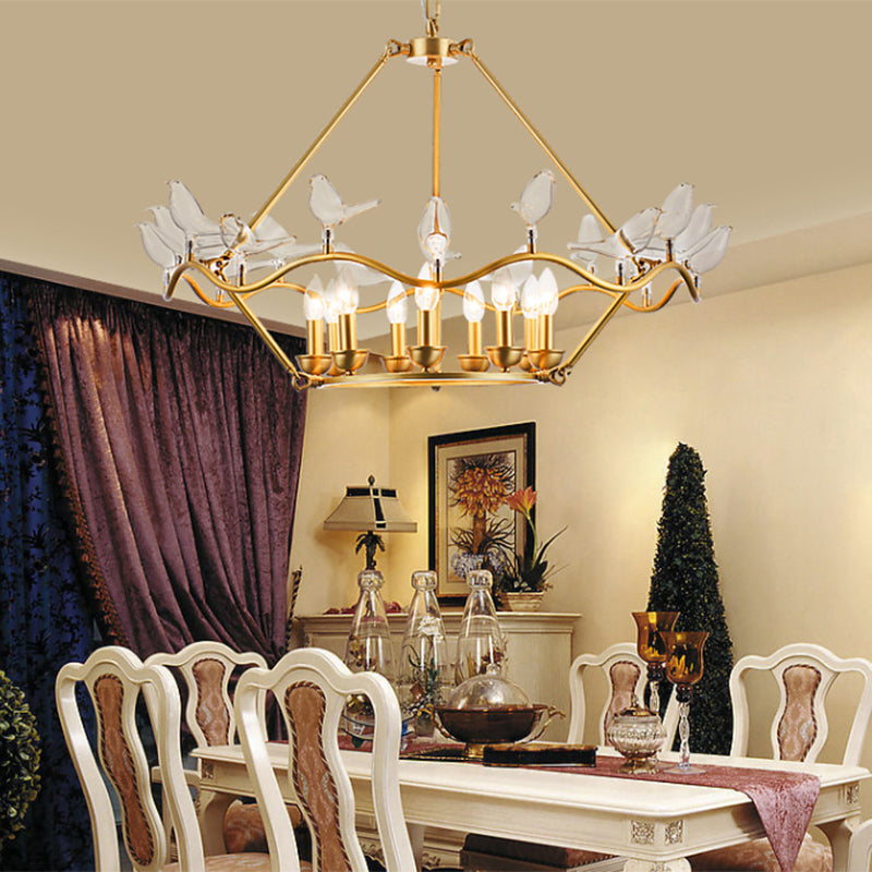 Modern Iron Candle Chandelier Ceiling Fixture In Gold With Clear Glass Birds - 6/9-Head For Living