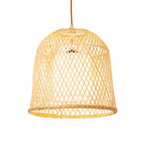Bamboo Bell Pendant Light With White Fabric Shade - Wood Hanging Lamp Kit