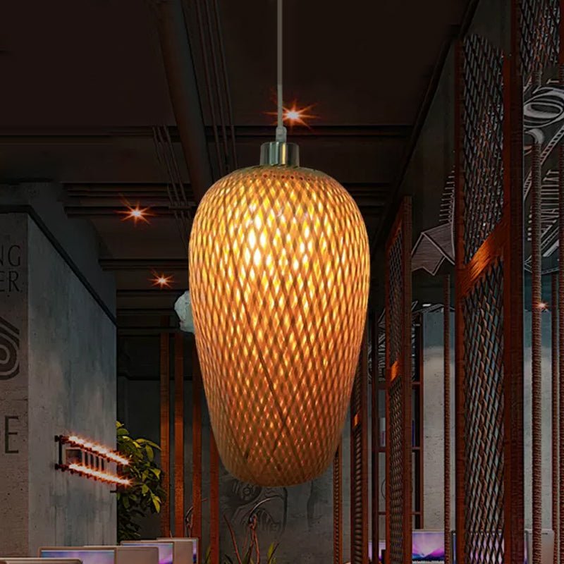 Wood And Bamboo Restaurant Pendant Lamp Kit With Weave Shade