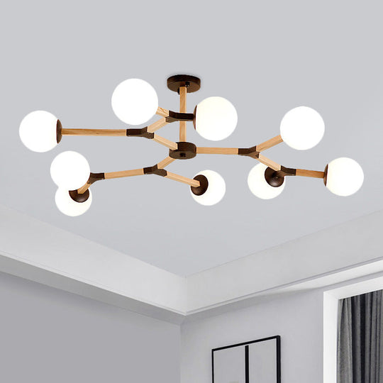 Contemporary Wood Branch Chandelier With White/Black/Gold Finish 3/6/9 Lights And White Glass Shade