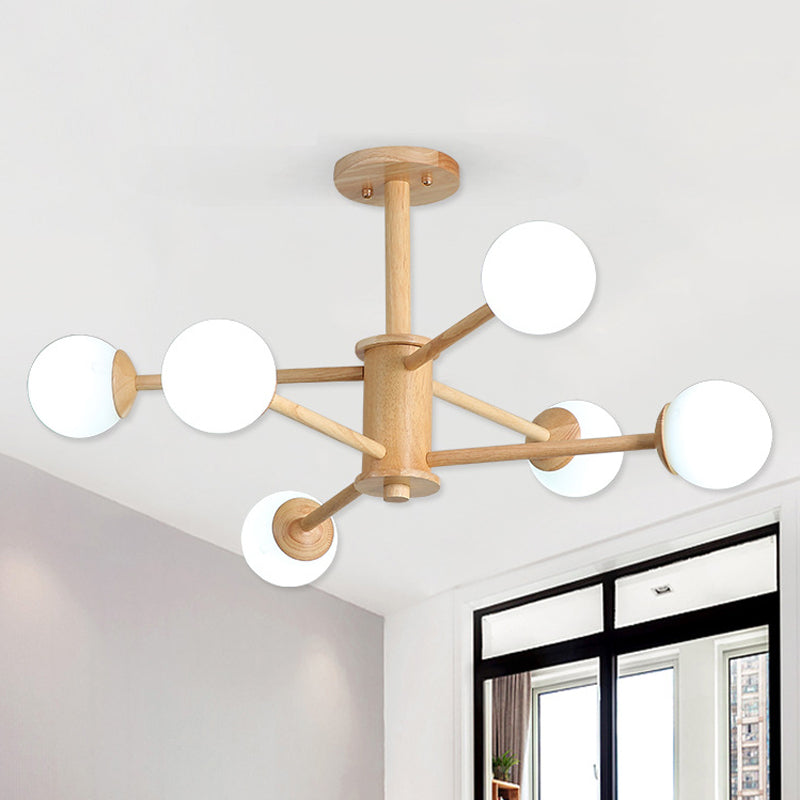 Contemporary Wooden Starburst Chandelier With Glass Ball Shade - Natural Wood Finish 6/8/12 Lights