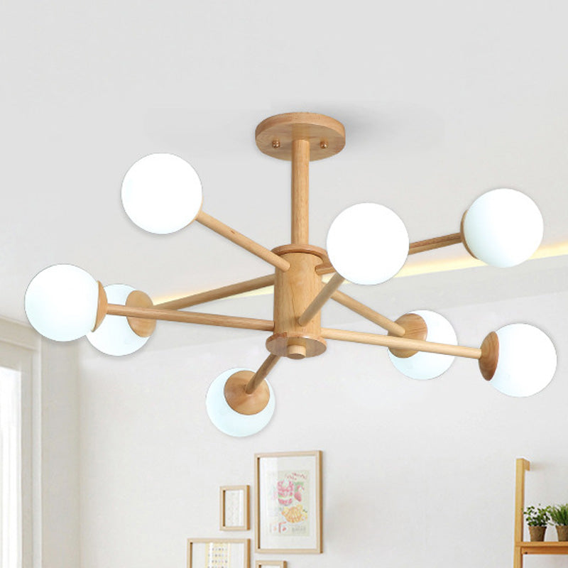 Contemporary Wooden Starburst Chandelier With Glass Ball Shade - Natural Wood Finish 6/8/12 Lights