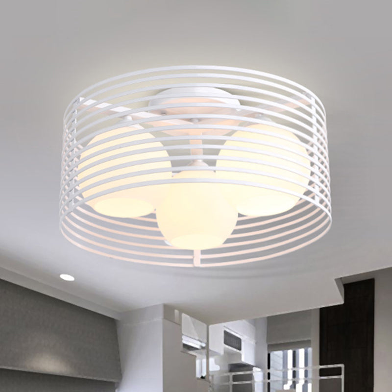Nordic Metal 3 - Light Semi Flush Mount Lamp With Round Iron Cage For Bedroom Ceiling - Black/White