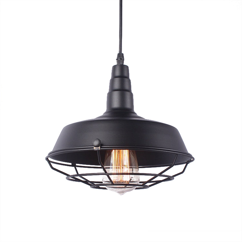 Vintage Wrought Iron Pendant Lighting: White Inner/Black Wire Guard With Barn Shade - 1 Light