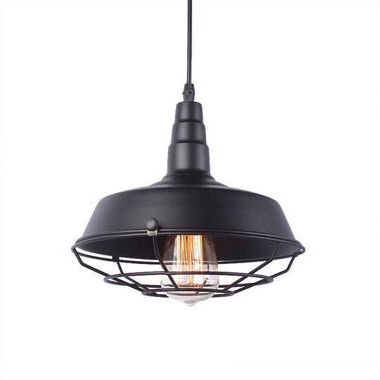 Vintage Wrought Iron Pendant Lighting: White Inner/Black Wire Guard With Barn Shade - 1 Light