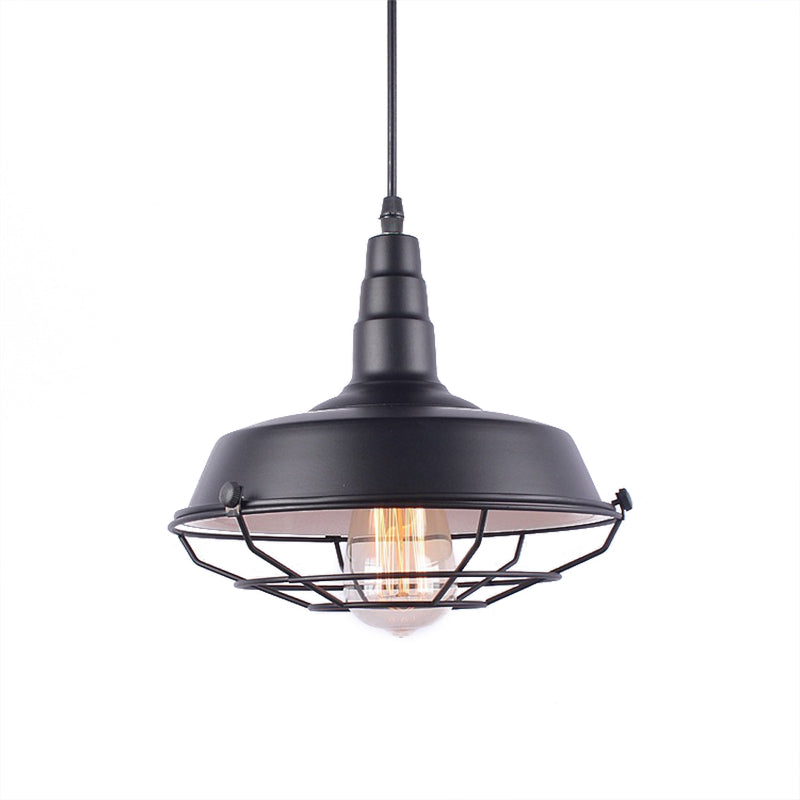 Vintage Wrought Iron Pendant Lighting: White Inner/Black Wire Guard With Barn Shade - 1 Light