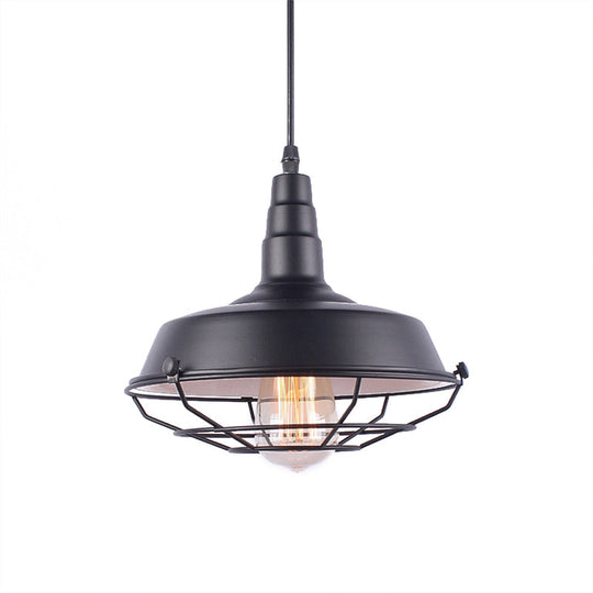 Vintage Wrought Iron Pendant Lighting: White Inner/Black Wire Guard With Barn Shade - 1 Light