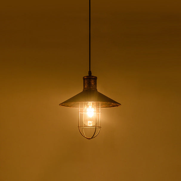 Nautical Style Cone Ceiling Light With Wire Guard - Rust/White Hanging Pendant