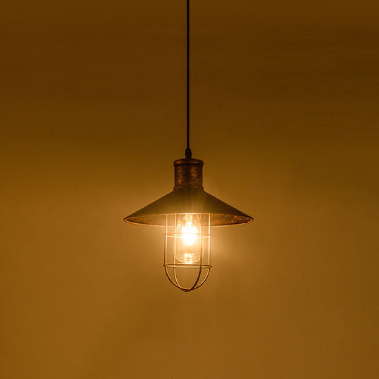 Nautical Style Cone Ceiling Light With Wire Guard - Rust/White Hanging Pendant