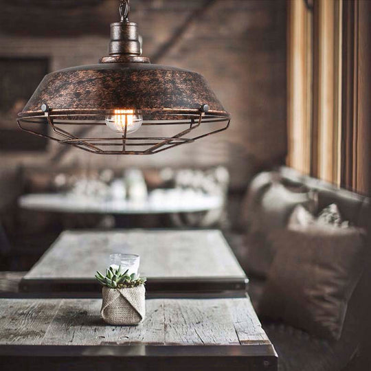 Rustic Wire Cage Pendant Light With Barn Shade In Antique Brass/Rustic Finish 1 10’/14’/18’