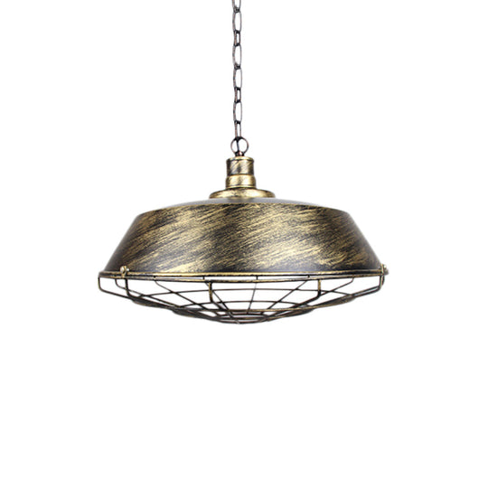 Rustic Wire Cage Pendant Light With Barn Shade In Antique Brass/Rustic Finish 1 10’/14’/18’ Width