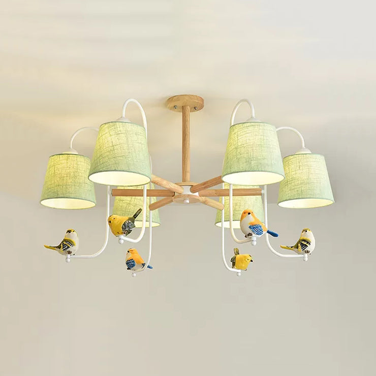 Contemporary Chandelier Light With Tapered Shade - Fabric & Wood Ideal For Child Bedroom