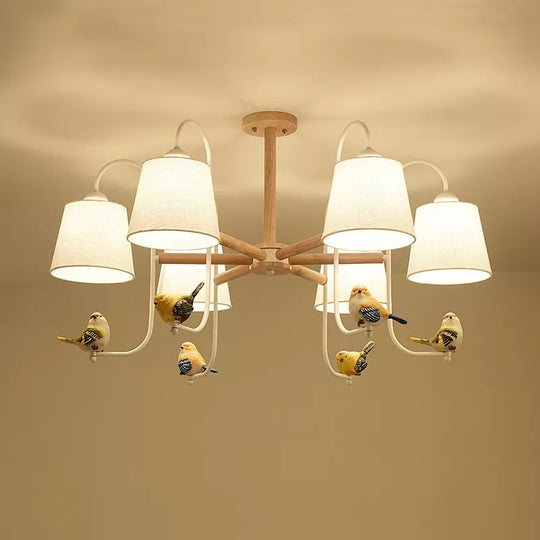 Contemporary Chandelier Light With Tapered Shade - Fabric & Wood Ideal For Child Bedroom