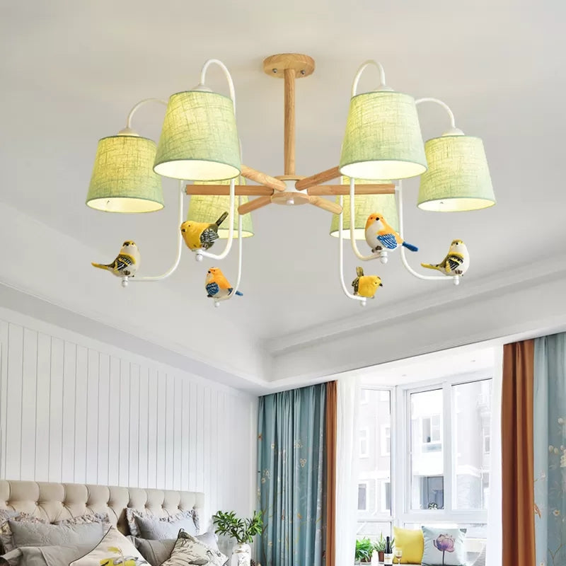 Contemporary Chandelier Light With Tapered Shade - Fabric & Wood Ideal For Child Bedroom