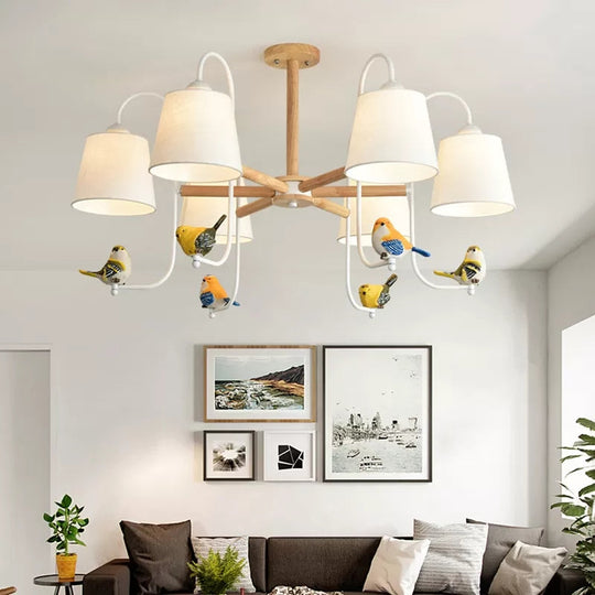 Contemporary Chandelier Light With Tapered Shade - Fabric & Wood Ideal For Child Bedroom