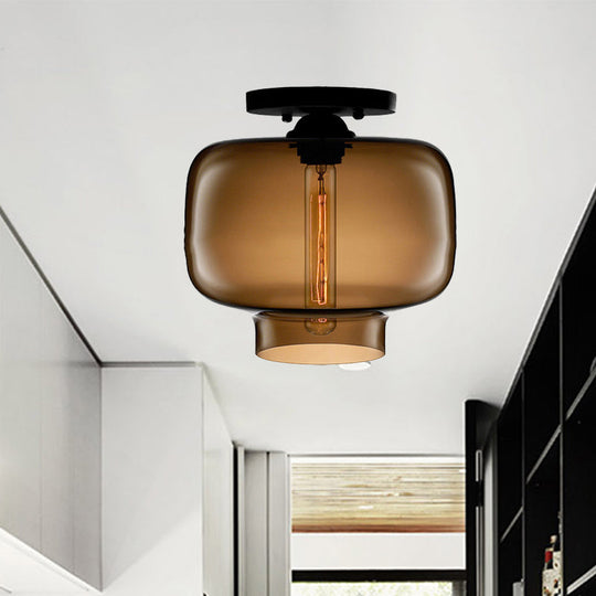 Modern Multi-Colored Lantern Flushmount Light With Glass Shade - Black Finish