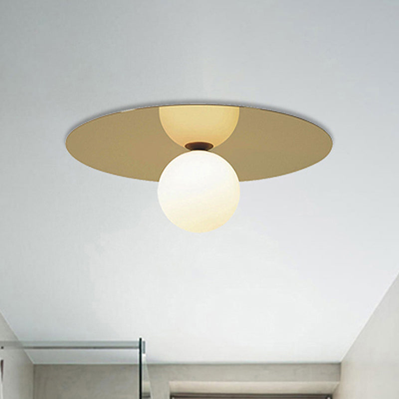 Contemporary 12 Flushmount Ceiling Lamp With Brass Finish Milk Glass Shade & 1 Bulb